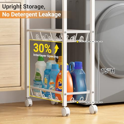 Laundry Room Cart with Top Detergent Holder, Metal Rolling Storage Cart Between Washer and Dryer, 3 Tier Narrow Laundry Room Organization and Storage with Wheels (White)