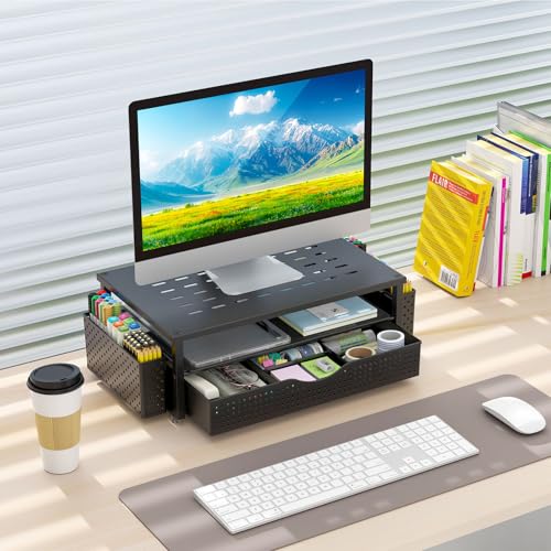 gianotter Monitor Stand with Drawer and 2 Pen Holders | Monitor Riser Dual-Layer Storage Desk Organizers and Accessories (Black-Ventilated)
