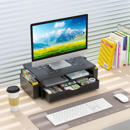 gianotter Monitor Stand with Drawer and 2 Pen Holders | Monitor Riser Dual-Layer Storage Desk Organizers and Accessories (Black-Ventilated)