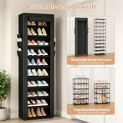 VTRIN Vertical Narrow Shoe Rack Organizer 10 Tier Tall Shoe Shelf Holds 20-22 Pairs with Non-Woven Dustproof Cover for Closet, Entryway Black