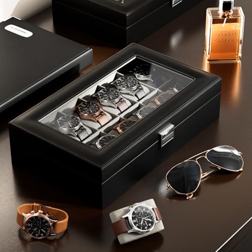 ProCase Watch Box Organizer, 12 Slot Watch Display Case, Black | Watches Storage Boxes Holder for Men Women, Large Glass Lid, Removable Pillows, Anniversary Christmas Birthday Gifts