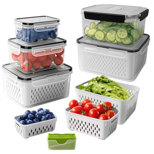 5 PCS Large Fruit storage Containers for Fridge with Colanders and Choppers
