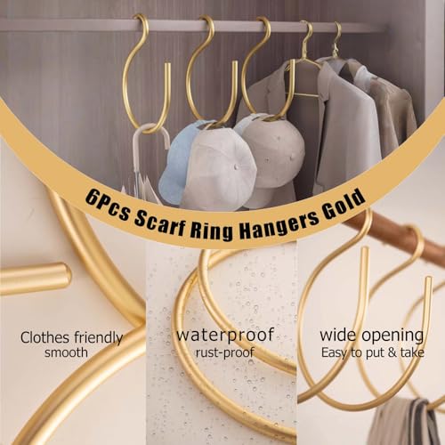 6Pcs Scarf Ring Hangers Gold, Belt Ring Hook Tie Rack Holders Closet Hanger Organizer Multi-Purpose S-Shaped Circle Storage Hook for Ties Scarves Baseball Cap Wardrobe Accessory Storage