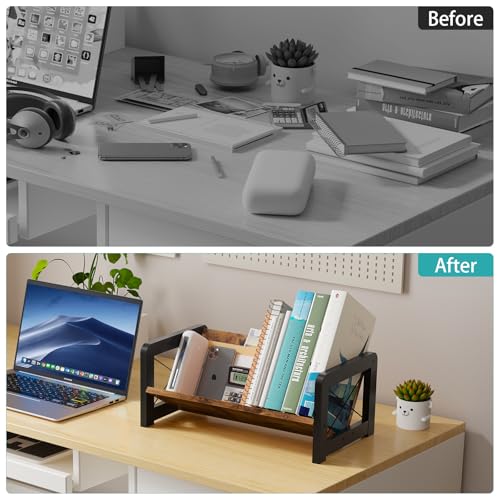 Desktop Bookshelf Organizer, Wood Slanted Desk Bookshelf, Small Tabletop Book Rack, Portable Mini Bookcase for Book Display, Cookbooks, Kids Reading, Office & Home Storage, Rustic Brown