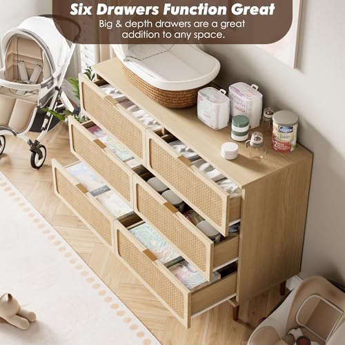 GarveeHome Rattan 6 Drawer Dressers for Bedroom, Deep Drawer, Natural | Tall Dresser, Wide Top, for Living Room, Hallway, Kids Room, Large Chest of Drawers for Closet, Long Wooden Dresser