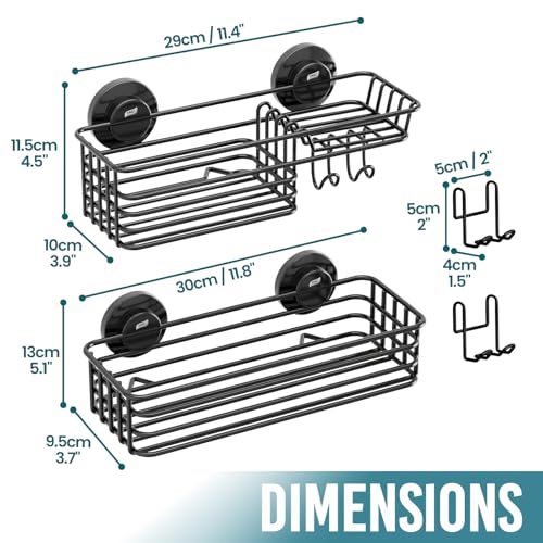 TAILI Shower Caddy Suction Cup 2 Pack with Hooks & Soap holder, Black | Heavy Duty Shower Organizer, No Drilling Bathroom Organizer, Metal Storage Basket