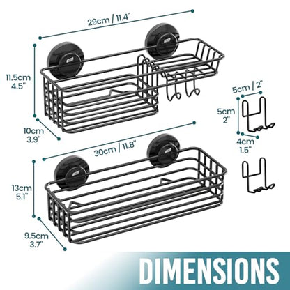 TAILI Shower Caddy Suction Cup 2 Pack with Hooks & Soap holder, Black | Heavy Duty Shower Organizer, No Drilling Bathroom Organizer, Metal Storage Basket