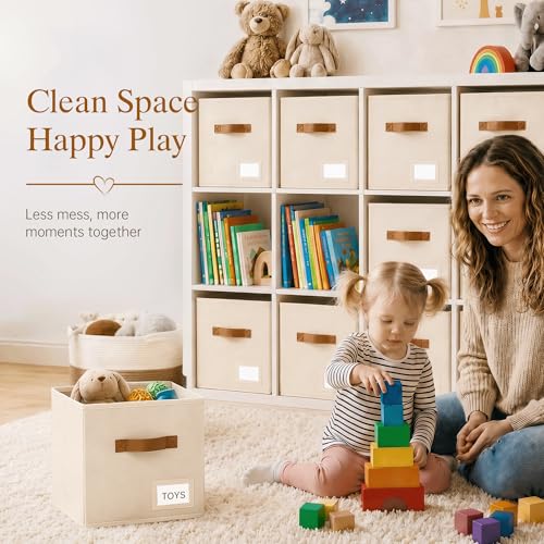 Storage Cubes 8 Pack, 11 Inch Fabric Storage Cubes Organizer Bins with Labels, Odor-Free & Sturdy PP Structure, Cubby Baskets for Closet, Shelves, Toys & Nursery (Beige)