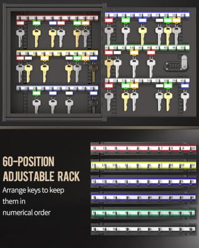 Uniclife 60 Position Steel Key Cabinet with Combination & Key Lock, Black | Wall mount key box, resettable 4-digit code lock, 2 backup keys, thickened steel, large capacity, adjustable racks & labels