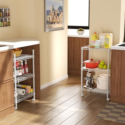 SINGAYE 3 Shelves Storage Shelf Wire Shelving Unit Metal Adjustable Wheels | Small Shelf Storage with Wheels Organizers Closet Unit for Bathroom Laundry Room Kitchen Pantry11.5D x 17.5W x 30.5H White