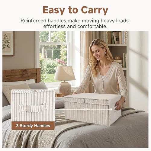 StorageWorks Extra Large Storage Bins with Lids, 55L Decorative Organizer with Divider Board, Fabric Boxes with Handles, Khaki and Beige Stripes, 2-Pack