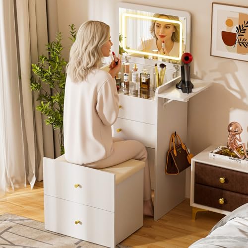 COMHOMA Makeup Vanity Desk with Mirror and Lights, Small 3 in 1 Vanity Table with Visible Glass Top, Flip Top & 3 Drawers, Compact Dressing with Storage Stool for Room or Office