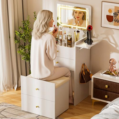 COMHOMA Makeup Vanity Desk with Mirror and Lights, Small 3 in 1 Vanity Table with Visible Glass Top, Flip Top & 3 Drawers, Compact Dressing with Storage Stool for Room or Office
