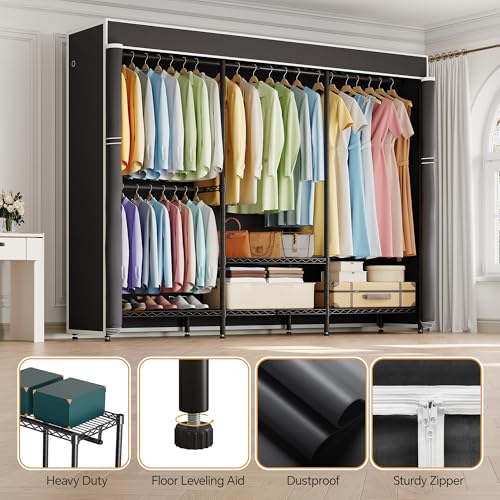 Higeego H8 Heavy Duty Clothes Rack with Cover, Black Portable Closet | Garment Rack with Cover, Clothing Rack for Hanging Clothes, Black Closet Rack with Oxford Dustproof Cover, Closet Organizer