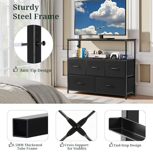 TV Stand dresser, 5 Drawers, Entertainment Center for TV up to 45 inch | Open Shelf, Storage Drawers, Media Console Table for Living Room, Bedroom, Small Space, Black