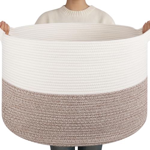 OIAHOMY 90L XXXLarge Blanket Basket for Living Room, 21.7" x 13.8" Woven Cotton Rope Laundry Basket for Organizing Pillows, Decorative Stuffed Animal Toy Storage for Nursery, White and Linen Brown
