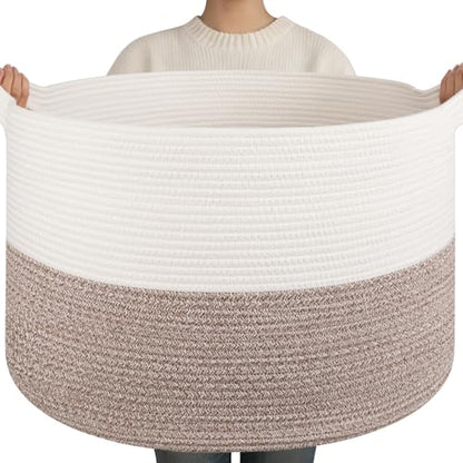 OIAHOMY 90L XXXLarge Blanket Basket for Living Room, 21.7" x 13.8" Woven Cotton Rope Laundry Basket for Organizing Pillows, Decorative Stuffed Animal Toy Storage for Nursery, White and Linen Brown
