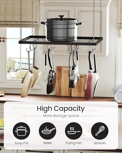 Hanging Pot Rack, Ceiling Mounted Pot Hanger for K... (Black | Metal)