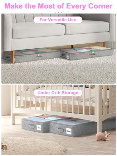 punemi 4 inch High Soft Low Profile Under Bed Storage Bins, 2 Pack, Grey | Foldable Clothes Storage Bag with Zippers & Clear Top, Shallow Design for Under Cabinet, Sofa, Crib & Bed Storage