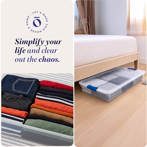 HOMZ 2-Pack Under Bed Storage, Clear Plastic Containers with Lids, 60 Quart, Blue Latch - Stackable Underbed Organizer Bins for Shoes, Bags, Clothes, and Towels