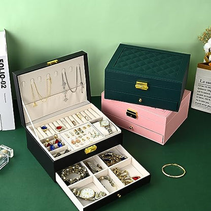 GUOER Jewelry Box for Women Girls, Two Layers Jewelry Organizer (Black) | Vintage Quilted Stitching PU Leather, Earrings Bracelets Rings Necklace Watches Storage Large Jewellery Holder Case Gifts