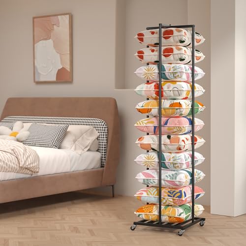 Rolling Pillow Storage Rack Organizer, Metal Pillow Display Rack Black | Throw Pillow Storage, Adjustable Throw Pillow Storage Shelves, Cushion And Pillow Display Stand for Retail,Home,Hotel,School