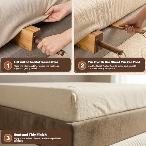Mattress Lifter & Bed Sheet Tucker Tool for Changing Sheets, Acacia Wood Mattress Lifter Wedge and Bed Maker Tool, Comfort Grip and Lever-Action Lift for Tuck Sheets or Bed Skirts