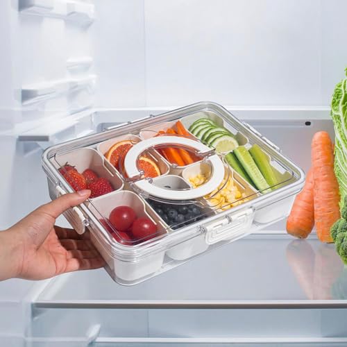 Divided Snack Serving Tray with Lid and Handle travel Snackle Box Charcuterie Container Portable Storage Organizer for Candy, Fruits, Nuts, Snacks 1Pack White