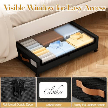 Yecaye Under Bed Storage with Wheels, 2 Pack Under the Bed Storage Containers with Lids & Label, XXL 60L Rolling Underbed Storage Drawers for Clothes, Blankets, Shoes, Black