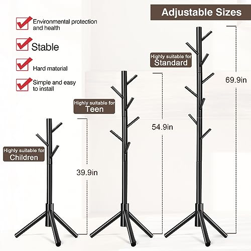WANGMUXIA Coat Rack, Freestanding Coat Rack with 8 Hooks and 3 Adjustable Size Tree Coat Racks for Bedroom, Hallway, Entrance, Office, for Hats, Coats, Scarves, Handbags