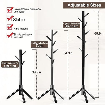 WANGMUXIA Coat Rack, Freestanding Coat Rack with 8 Hooks and 3 Adjustable Size Tree Coat Racks for Bedroom, Hallway, Entrance, Office, for Hats, Coats, Scarves, Handbags