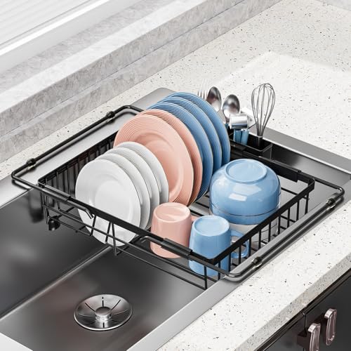 Expandable in Sink Dish Drying Rack - Adjustable Capacity Over The Sink Dish Drainer Drying Rack with Utensil Holder for Kitchen Counter, Drying Rack for Small Space,14.96“L x 11.81“W x 3.74”D