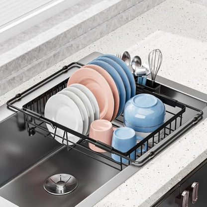 Expandable in Sink Dish Drying Rack - Adjustable Capacity Over The Sink Dish Drainer Drying Rack with Utensil Holder for Kitchen Counter, Drying Rack for Small Space,14.96“L x 11.81“W x 3.74”D
