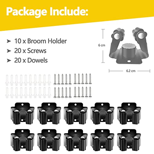 Verdenu 10 Pack Broom Holder Wall Mount, Mop Holder Wall Mounted, Stainless Steel Command Broom Holder with Screws, Garden Tool Rack Wall Mount for Kitchen, Home, Bathroom, Garage Storage, Black
