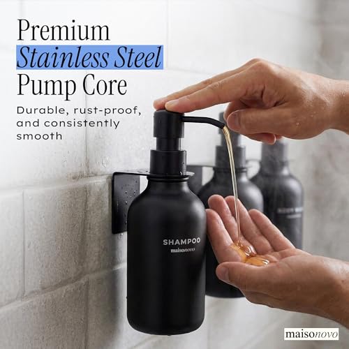 Shampoo and Conditioner Dispenser Wall Mounted Set of 3 Black | 500 ml Shower Gel Dispenser Set of 3. Refillable Shampoo and Conditioner Bottles. Drill Free Secure Design. Black
