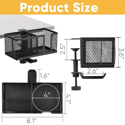 4 in 1 Metal Clip On Cup Holder Attachment for Gaming Desk or Table, Fits up to 40oz Cups, Sturdy and Easy to Clamp, Attachable Anti-Spill Cup Holder for Chair, Bedside, Bottles, Drinks - Black