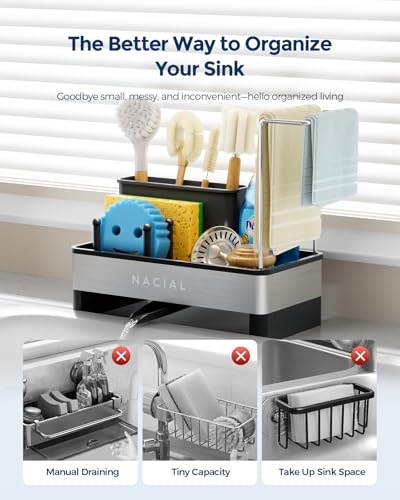Kitchen Sink Caddy Organzier with High Brush Holder, Sponge Holder for Kitchen Sink with Two Towel Racks - Rustproof 304 Stainless Steel Kitchen Countertop Storage Essentials