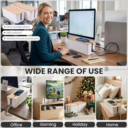 2 Pack Cable Management Box - Cord Organizer Box with Wooden Lid for TV Wires, Power Strips, Router, USB Hub & Under Desk Power: Baby & Pet Proof Cord Management, Cord Hider for Home & Office (White)