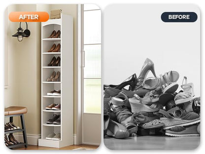 9-Tier Tall Shoe Rack, Wooden Shoe Storage Organizer, Narrow Shoe Cabinet with Removable Shelves for Small Spaces, Holds 9 Pairs of Shoes, for Entrance, Hallway, White SS02WT