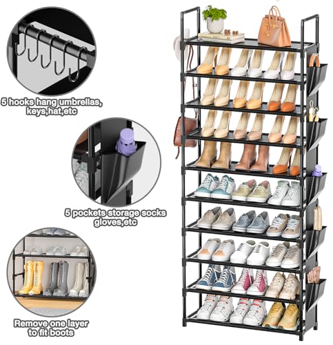 Tall Shoe Rack - 10 Tier Shoe Organizer 30-35 Pairs Boot Storage | with 5 Hooks, Pocket & Sturdy Large Vertical Shoe Shelf Stand Tower, Closet, Entryway, Bedroom, Garage, Free Standing