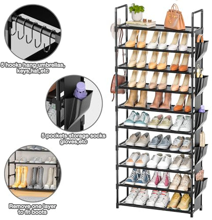 Tall Shoe Rack - 10 Tier Shoe Organizer 30-35 Pairs Boot Storage | with 5 Hooks, Pocket & Sturdy Large Vertical Shoe Shelf Stand Tower, Closet, Entryway, Bedroom, Garage, Free Standing
