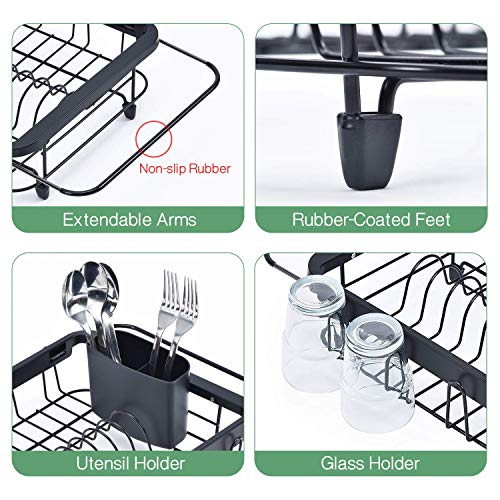 TOOLF Dish Drying Rack in Sink, Dish Drainer with Cup and Utensil Holder | Over The Sink Expandable Stainless Steel Strainer Dryer Rack for Small Kitchen, Counter Space Saving, Fast Drain, Rustproof