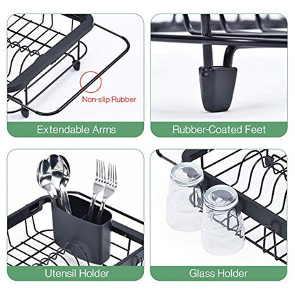 TOOLF Dish Drying Rack in Sink, Dish Drainer with Cup and Utensil Holder | Over The Sink Expandable Stainless Steel Strainer Dryer Rack for Small Kitchen, Counter Space Saving, Fast Drain, Rustproof
