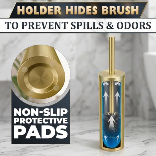 Stainless Steel Toilet Brush and Holder Set, Splash Guard (Gold) | Toilet Bowl Brush and Holder, Removable Inner Bowl, Dense Bristles, Long Handle, Scratch Resistant, for Modern Bathrooms