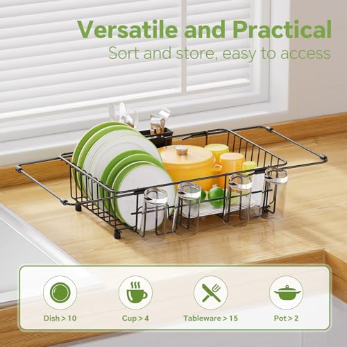 Simple Trending Expandable Dish Drying Rack in Sink, Black | Adjustable Dish Rack with Utensil & Cup Holder for Kitchen Counter, Dish Drainer Inside Sink, Over the Sink, Non-Slip Feet