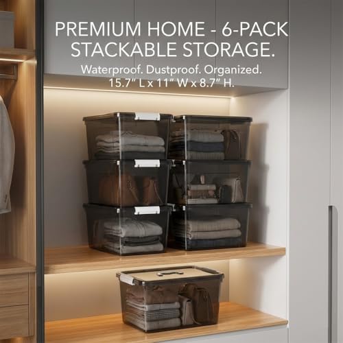 19 Quart Stackable Plastic Storage Bins with Lids, 6 Pack Clear Black Organizer Boxes with Secure Latches for Garage, Tools, Closet, Office, Durable Storage