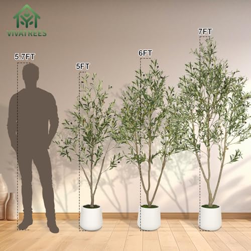 VIVATREES Olive Trees Artificial Indoor, 7FT Tall Faux Olive Tree with White Tall Planter, Artificial Plants with Natural Wood Trunk and Lifelike Fruits for Home Office Decor
