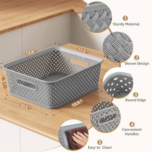 MaxGear 3 Pack Plastic Storage Baskets, Large, Grey | Durable Woven Plastic with Built-In Handles, Suitable for Shelves, Closets, Cabinets, Bathrooms and Offices