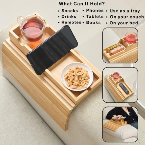 Couch Cup Holder Tray, Bamboo Sofa Arm Table with Removable Tray