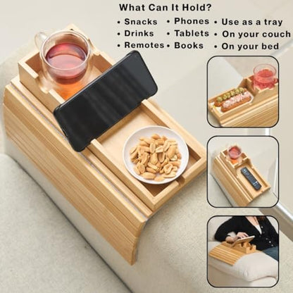 Couch Cup Holder Tray, Bamboo Sofa Arm Table with Removable Tray